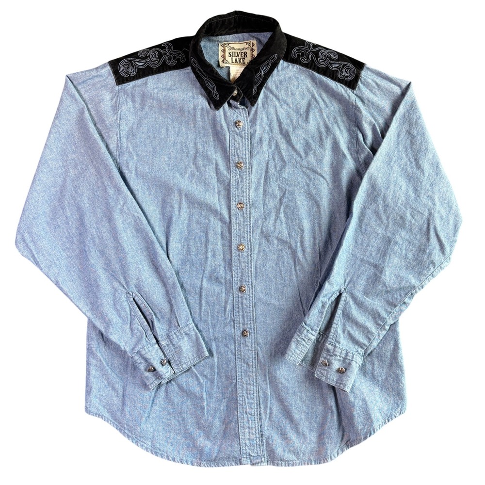 Wrangler Womens Cotton Button Up Shirt Western Velvet‎ Embroidered XXL Blue